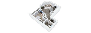 A white floor plan of a house with a living room, kitchen, and two bedrooms.